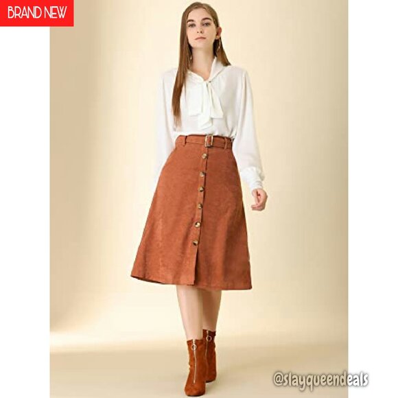 High Waist Corduroy Midi Skirt with Buttons & Belt, A-Line Fit - Picture 4 of 8